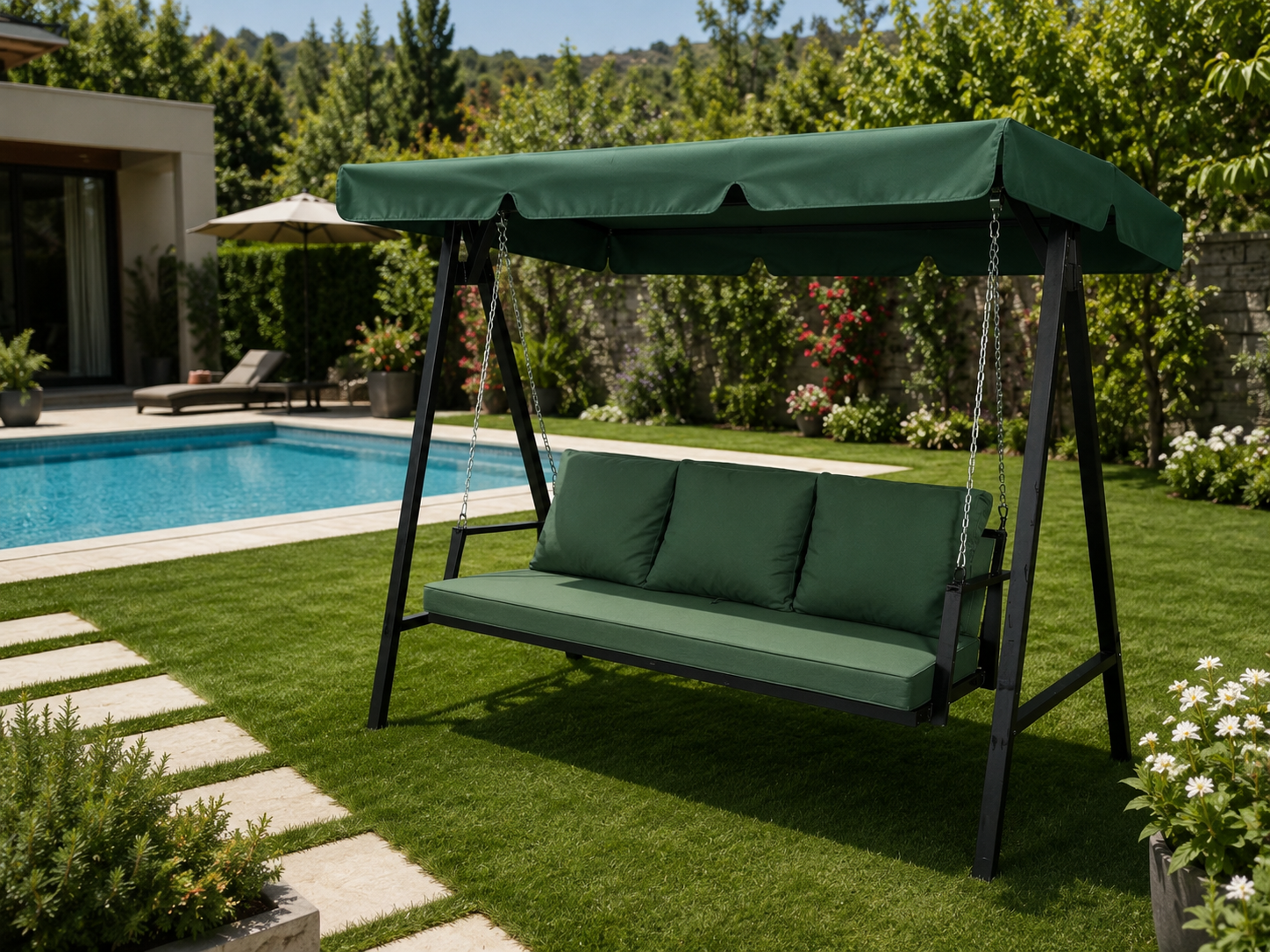 Adanora Bella 3 Kişilik Bahçe Salıncağı | Brandalı Premium Metal Bahçe, Teras ve Havuz Kenarı Salıncağı